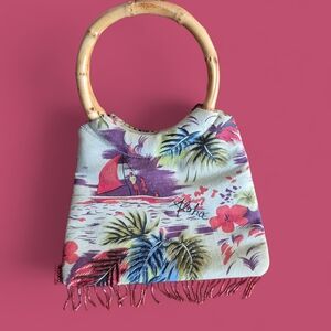 Retro Hawaiian Print Small Handbag with Bamboo Handle